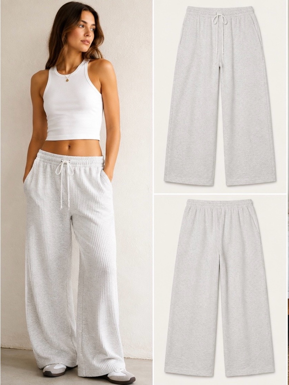 John Galt Anastasia Heather Gray Waffle Knit Wide Leg Sweatpants